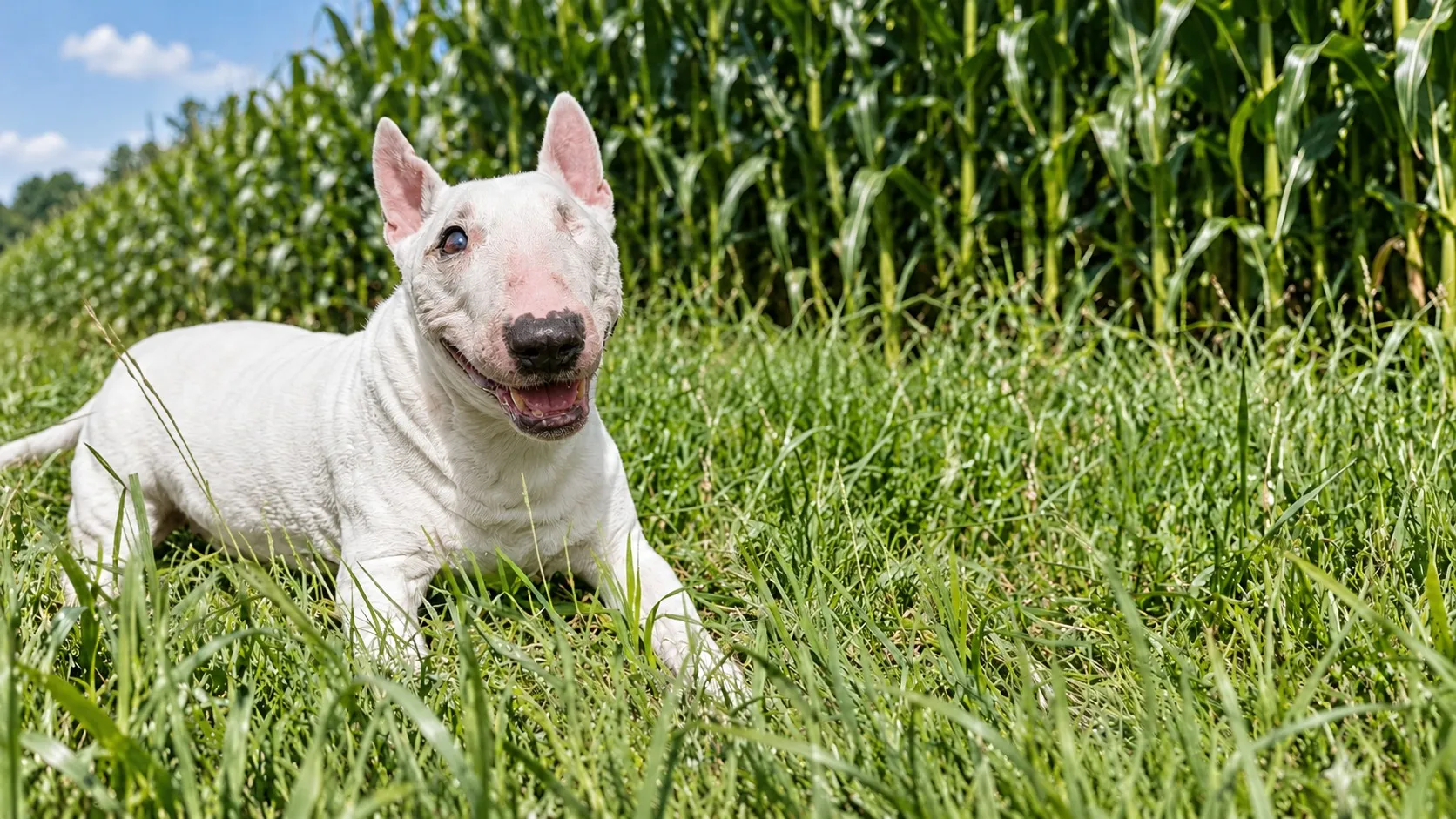 Weißer Bullterrier liegt im Gras vor einem Maisfeld
