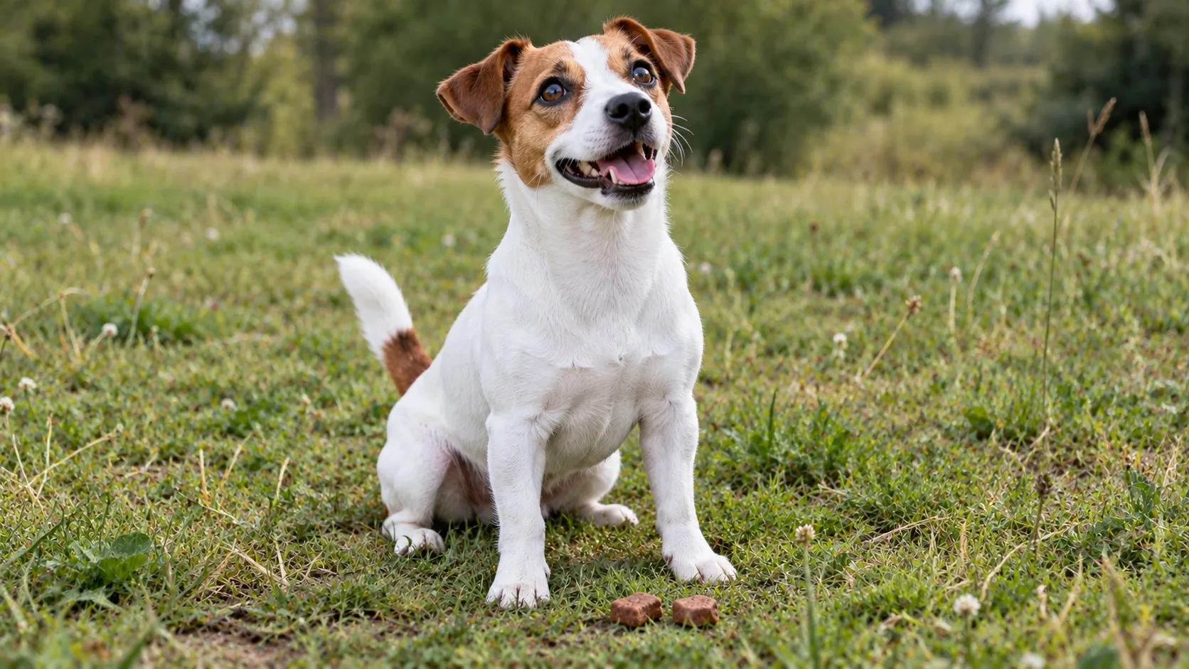 Ein weiß-brauner Jack Russell Terrier sitzt auf einer Wiese und schaut freudig nach oben, vor seinen Pfoten liegen zwei Leckerli