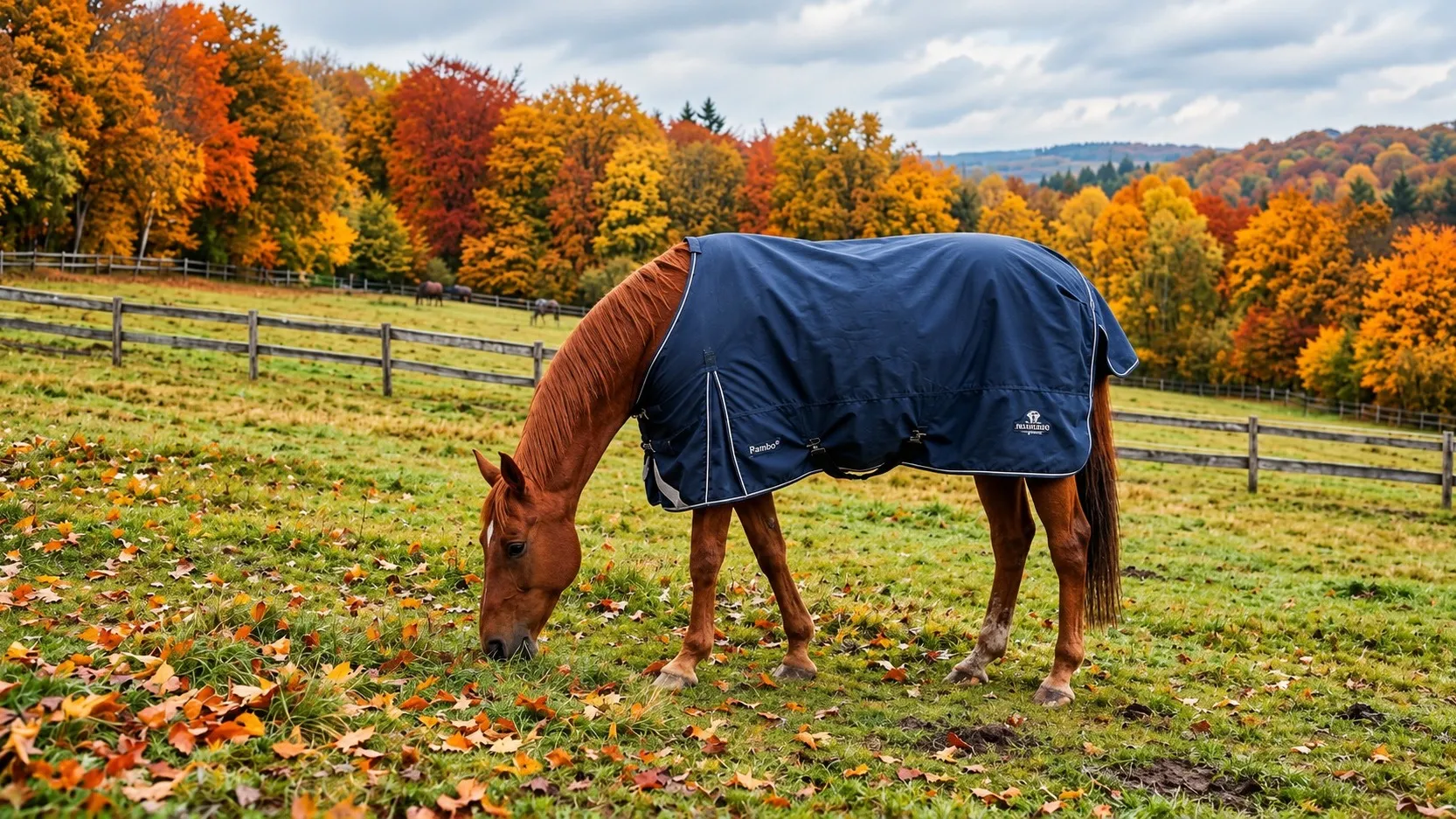 Ein fuchsfarbenes Pferd mit dunkelblauer Decke grast auf einer Herbstweide voller bunter Blätter, dahinter ein Holzzaun, weitere Pferde und ein Wald in leuchtenden Herbstfarben