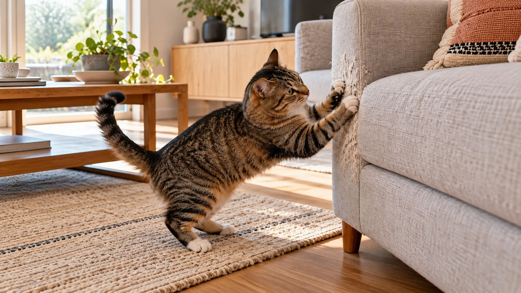 Eine getigerte Katze mit weißen Pfoten kratzt an der Armlehne eines hellgrauen Stoffsofas, deren Bezug schon aufgeraut ist, im Hintergrund ein helles Wohnzimmer mit Holztisch, Pflanzen und großem Fenster
